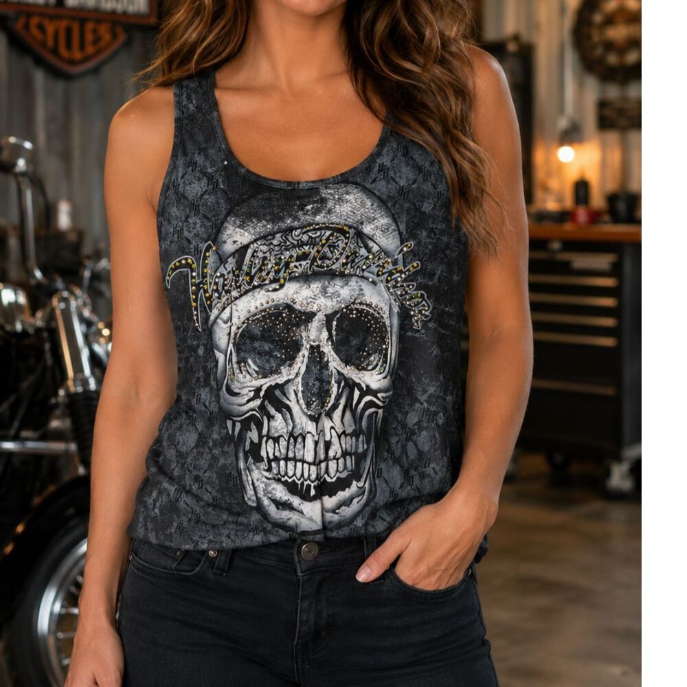 Harley Davidson Daytona Skull Rhinestone Mesh Racerback Tank Top Large Y2K